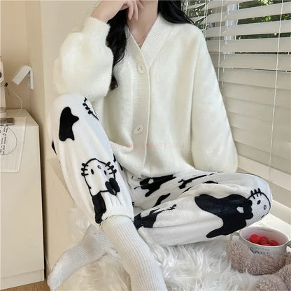 2024 Sanrio Hello Kitty Pajamas Halloween Flannel Fashion Trouserswomen Kawaii Woolen Anime Cartoon Casual Home Pants Autumn Beauty Fashion
