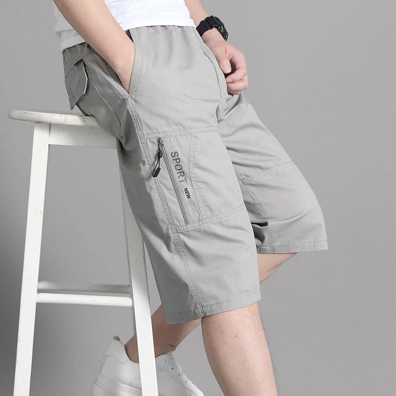 Mens Cargo Shorts Knee Pants Zipper Pocket Summer Cotton Shorts Climbing Jogger Elastic Waist Sports Wear Beauty World Shop