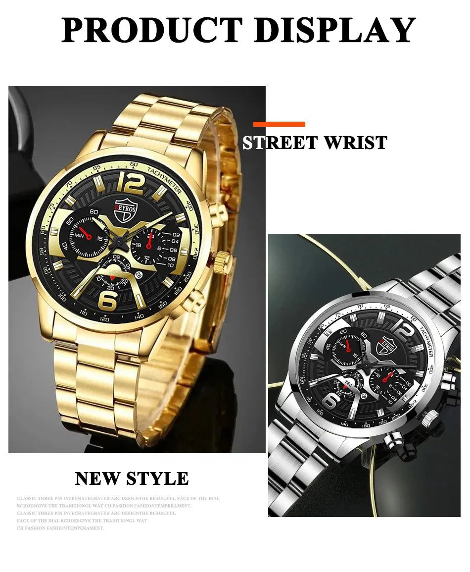 5PCS Set DEYROS Fashion Mens Calendar Watches Men Business Stainless Steel Quartz Wristwatch Male Casual Necklace Bracelet Watch Beauty World Shop