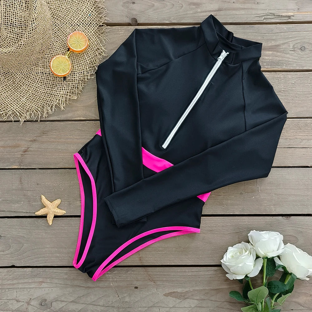 2026 Surfing Sport Swimsuit Long Sleeves Women One Piece Swimsuit  Swimwear Solid Monokini Bathing Suit Tropical Bodysuit Female Beauty World Shop