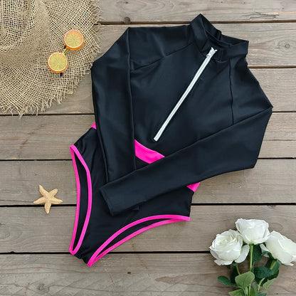 2026 Surfing Sport Swimsuit Long Sleeves Women One Piece Swimsuit  Swimwear Solid Monokini Bathing Suit Tropical Bodysuit Female Beauty World Shop