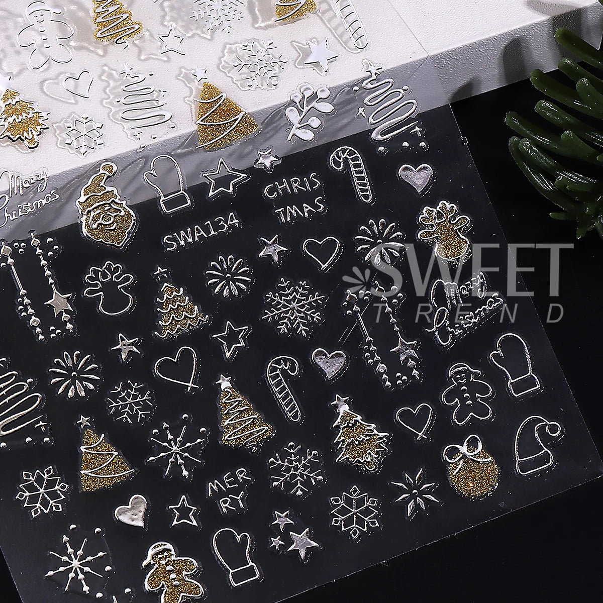 2pcs Gold Silver Christmas 3D Nail Stickers Reflective Glitter Xmas Tree Gingerbread Snowflakes Adhesive Decals Winter Manicure Beauty World Shop