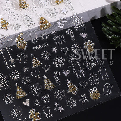 2pcs Gold Silver Christmas 3D Nail Stickers Reflective Glitter Xmas Tree Gingerbread Snowflakes Adhesive Decals Winter Manicure Beauty World Shop