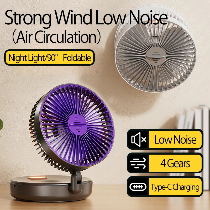 2024 New Rechargeable 3IN1 Multifunctional Portable Fan Wall Mounted Fan 90° Folding Fan 4 Gears With Warm Night Light Beauty World Shop