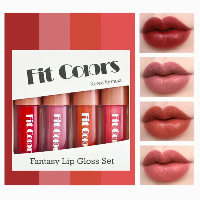 Fit Colors Velvet Lip Gloss Set — 4-Piece Non-Transfer, Diamond Finish, Long-Lasting Lip Gloss Collection Beauty Trend Shop