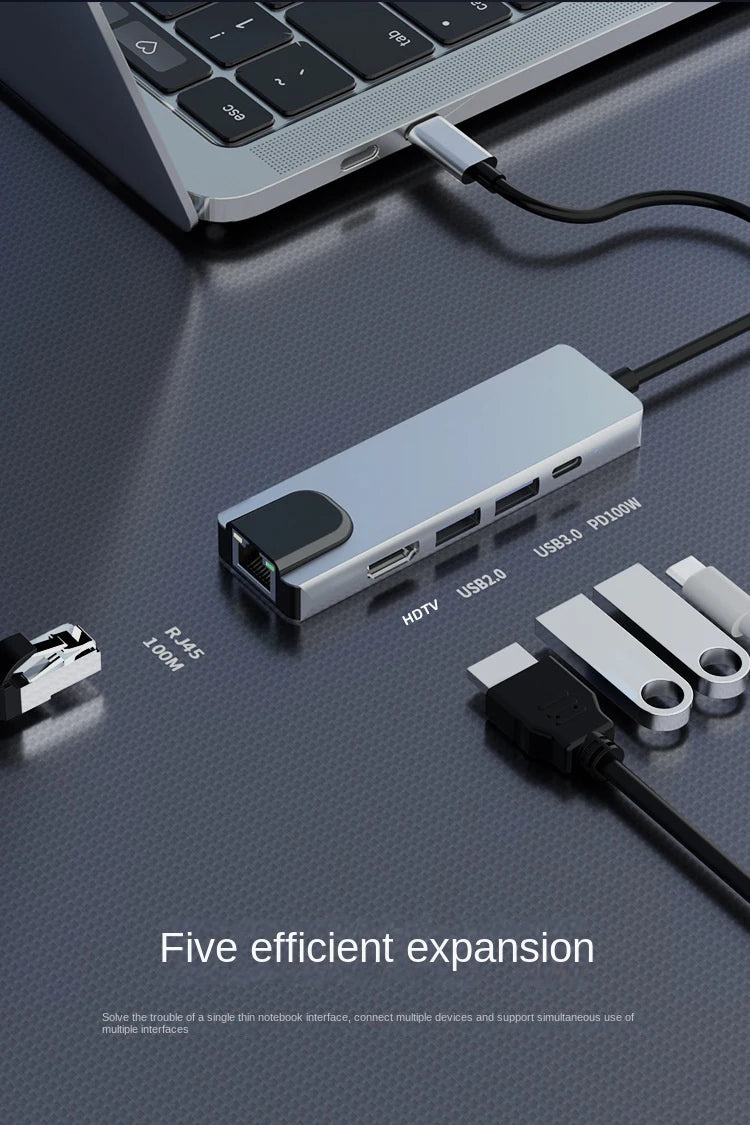 Usb 5 In 1 Type-C 3 1 To 4k HdTV Hub Adapter With Sd Tf 100M Rj45 Car d Reader Pd Fast Charge For Macbook Notebook Computer Beauty World Shop