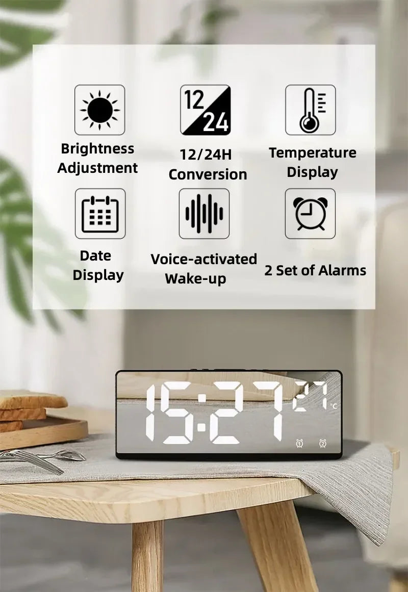 Voice Control Digital Alarm Clock Temperature Dual Alarm Snooze Desktop Table Clock Night Mode 12/24H LED Clock Watch Desk Clock Beauty World Shop