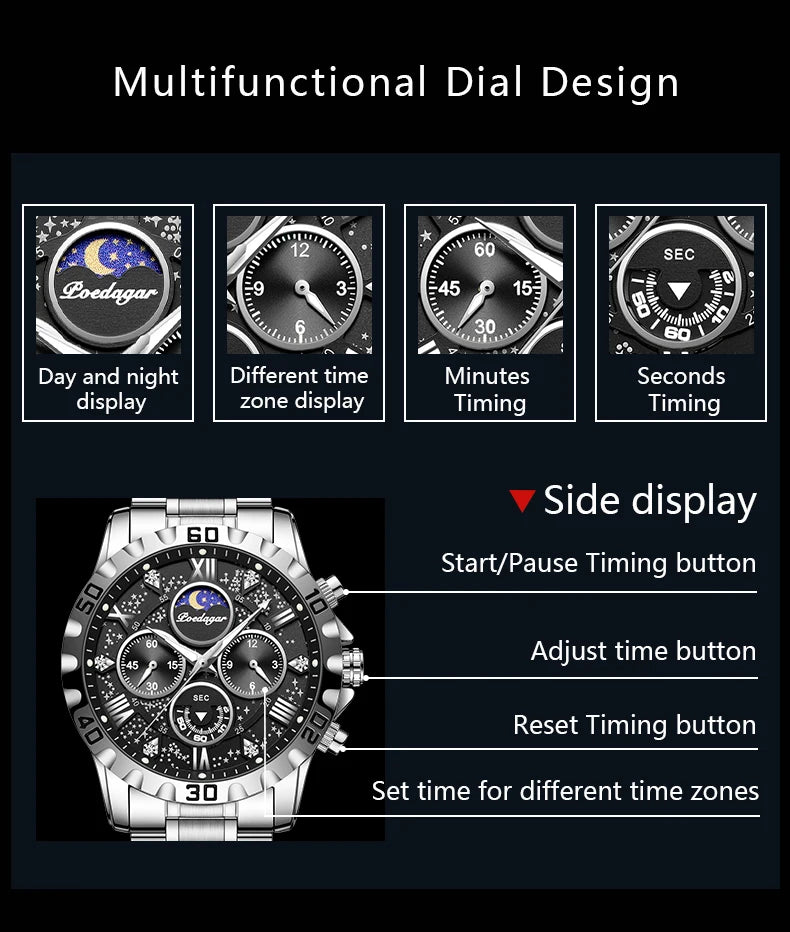 POEDAGAR Luxury Man Watch Waterproof Luminous Stainless Steel Quartz Men's Wristwatch Chronograph Military Watches For Men Reloj Beauty World Shop