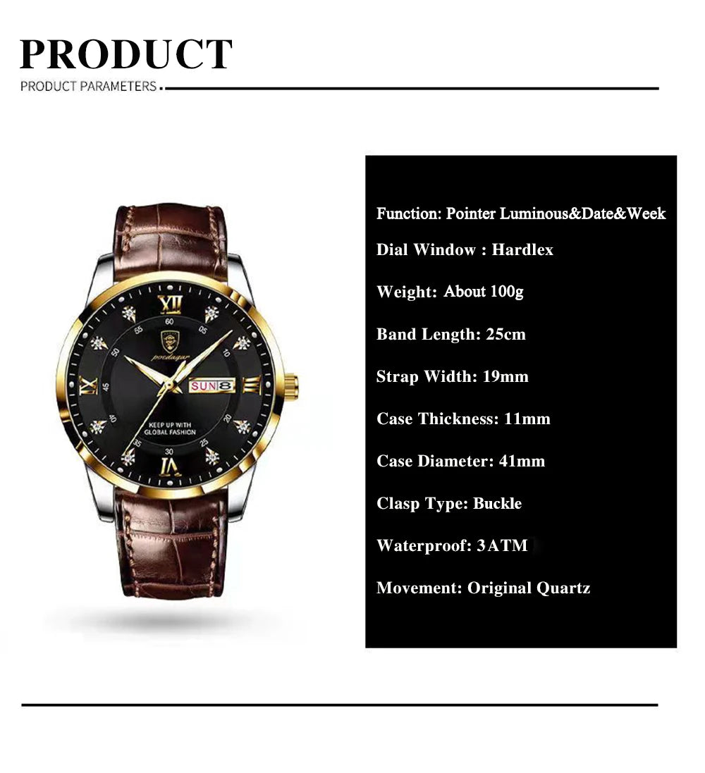 POEDAGAR Luxury Brand Men Watches Waterproof Luminous Leather Quartz Man Wristwatch Casual Sports Military Watch For Men relogio Beauty World Shop