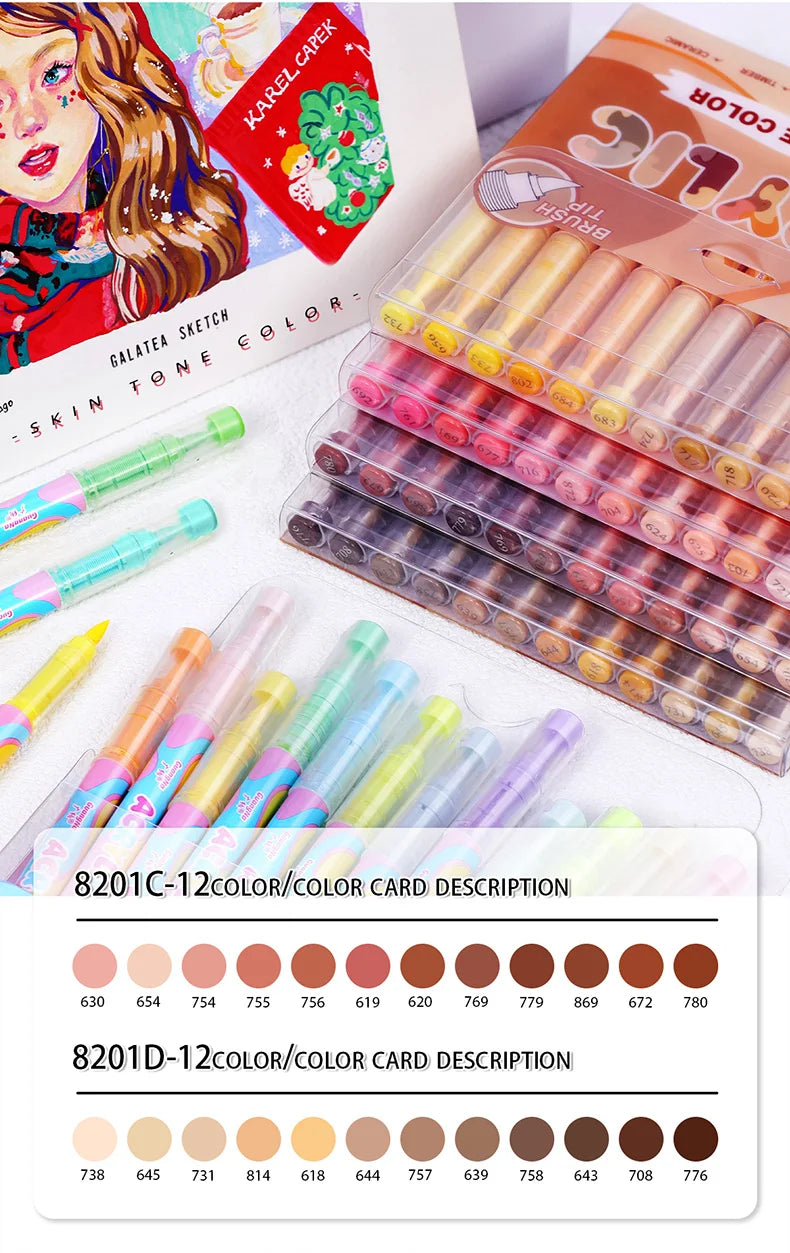 GuangNa 12-72 Colors Soft Brush Acrylic Marker Pen Set,Skin Tone, Macaron color,DIY Hand Drawn,Paint Art Markers pens,GN.8201F/M Beauty World Shop