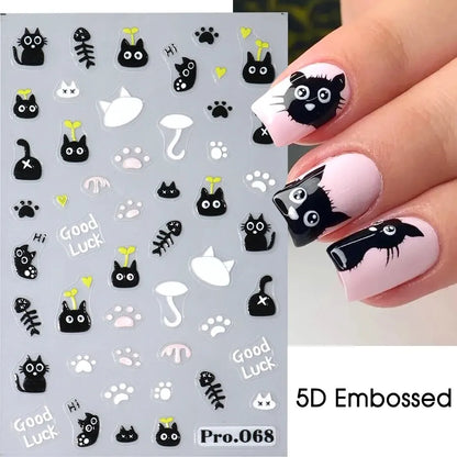 2pcs Black Cat Nail Stickers 3D Cute Cartoon Animal 3D Self-Adhesive Nail Art Decals Sliders Decorations Manicure Accessories Beauty World Shop