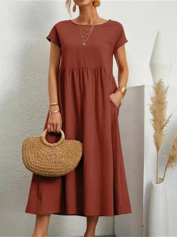 Women Elegant Solid Maxi Dress Summer Short Sleeve O Neck Vintage Harajuku Cotton Linen Loose Sundress Y2K Pockets Long Dress Beauty World Shop