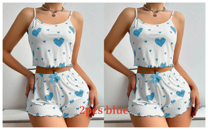 Women's Pajamas Set Sleepwear 2 PCS Short Tank Tops And Shorts S M L White Ventilate Soft Casual Love Printing Beauty World Shop
