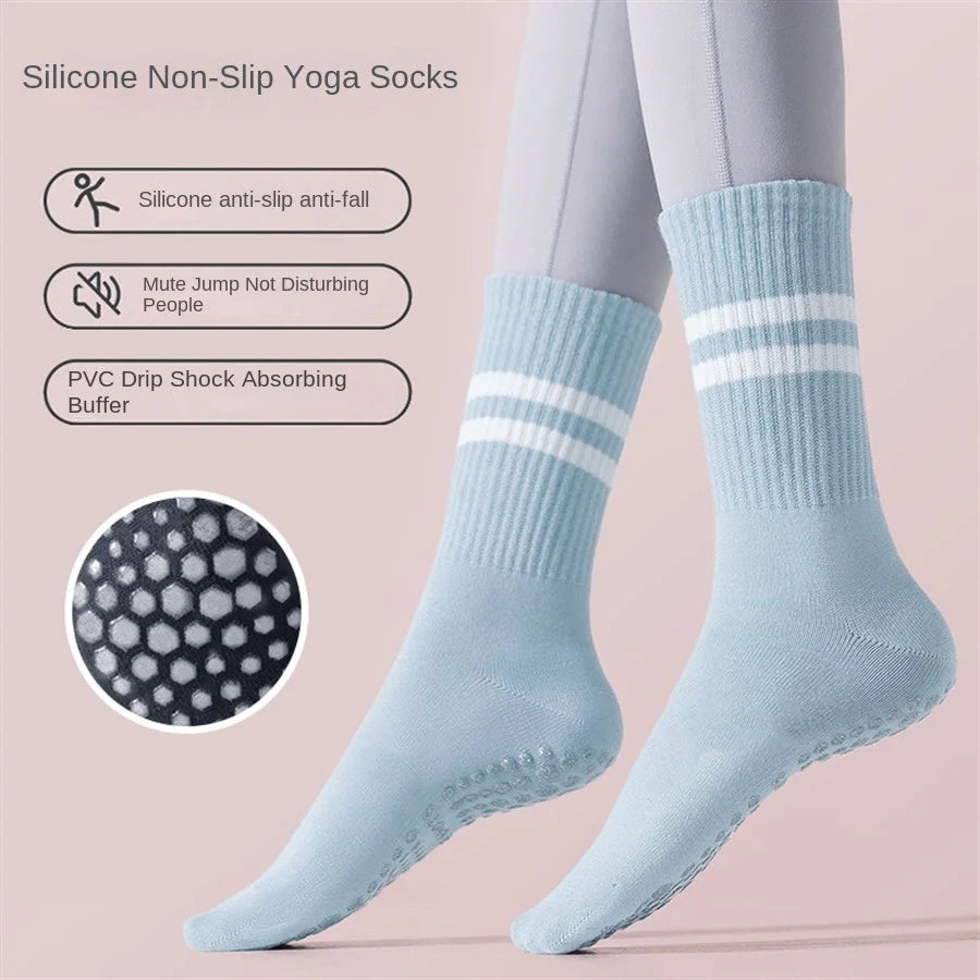1 pair of women's yoga socks, skipping rope sports socks, Pilates indoor anti slip floor socks, double bar mid leg socks Beauty World Shop