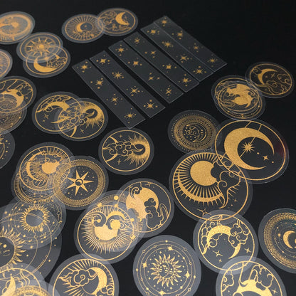 70 pcs Glitter Gold PET Adhesive Stickers Waterproof Transparent Label: SUN MOON Stars Etc Beauty World Shop