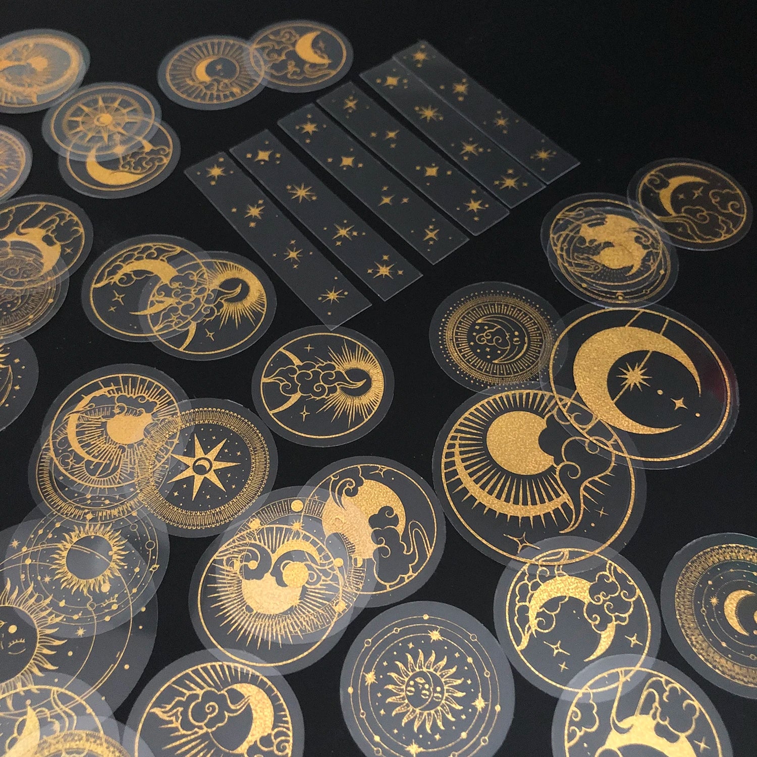 70 pcs Glitter Gold PET Adhesive Stickers Waterproof Transparent Label: SUN MOON Stars Etc Beauty World Shop