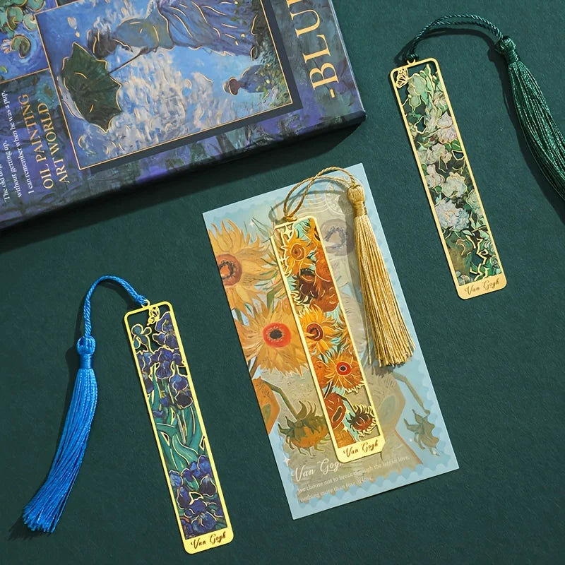 Vintage Oil Painting Metal Bookmarks - Hollow Hot Stamping Long Tassel Bookmarks - Stationery Gifts for Book Clubs, Book Lovers, Beauty World Shop