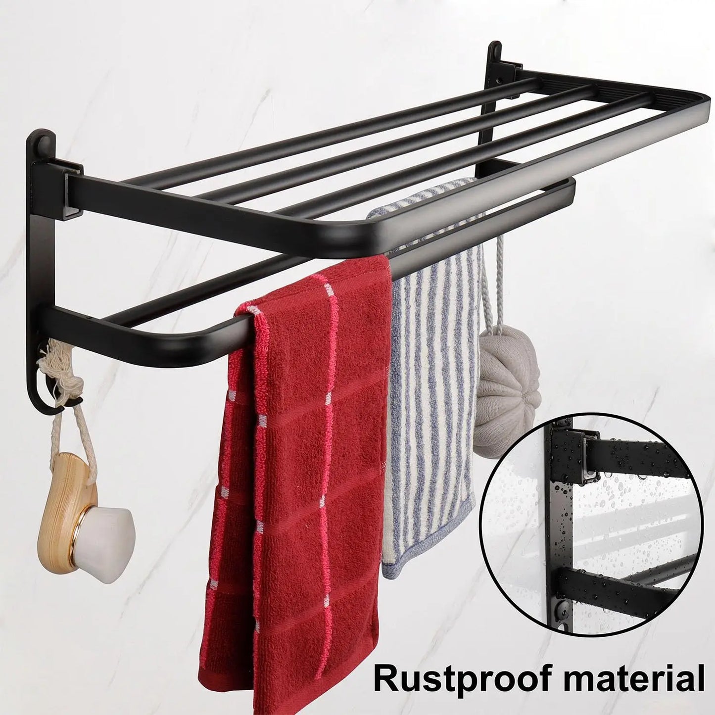 50CM Matte Black Folding Holder With Hook Towel Holder Wall Mount AluminumTowel Rack Bathroom shower rack Bathroom Accessories Beauty World Shop