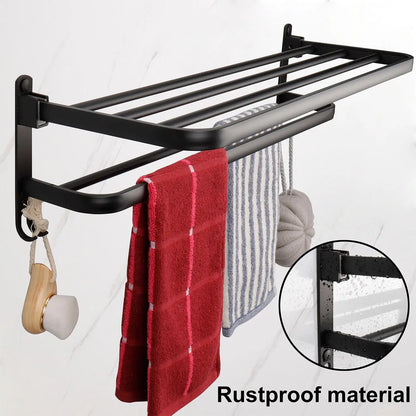 50CM Matte Black Folding Holder With Hook Towel Holder Wall Mount AluminumTowel Rack Bathroom shower rack Bathroom Accessories Beauty World Shop