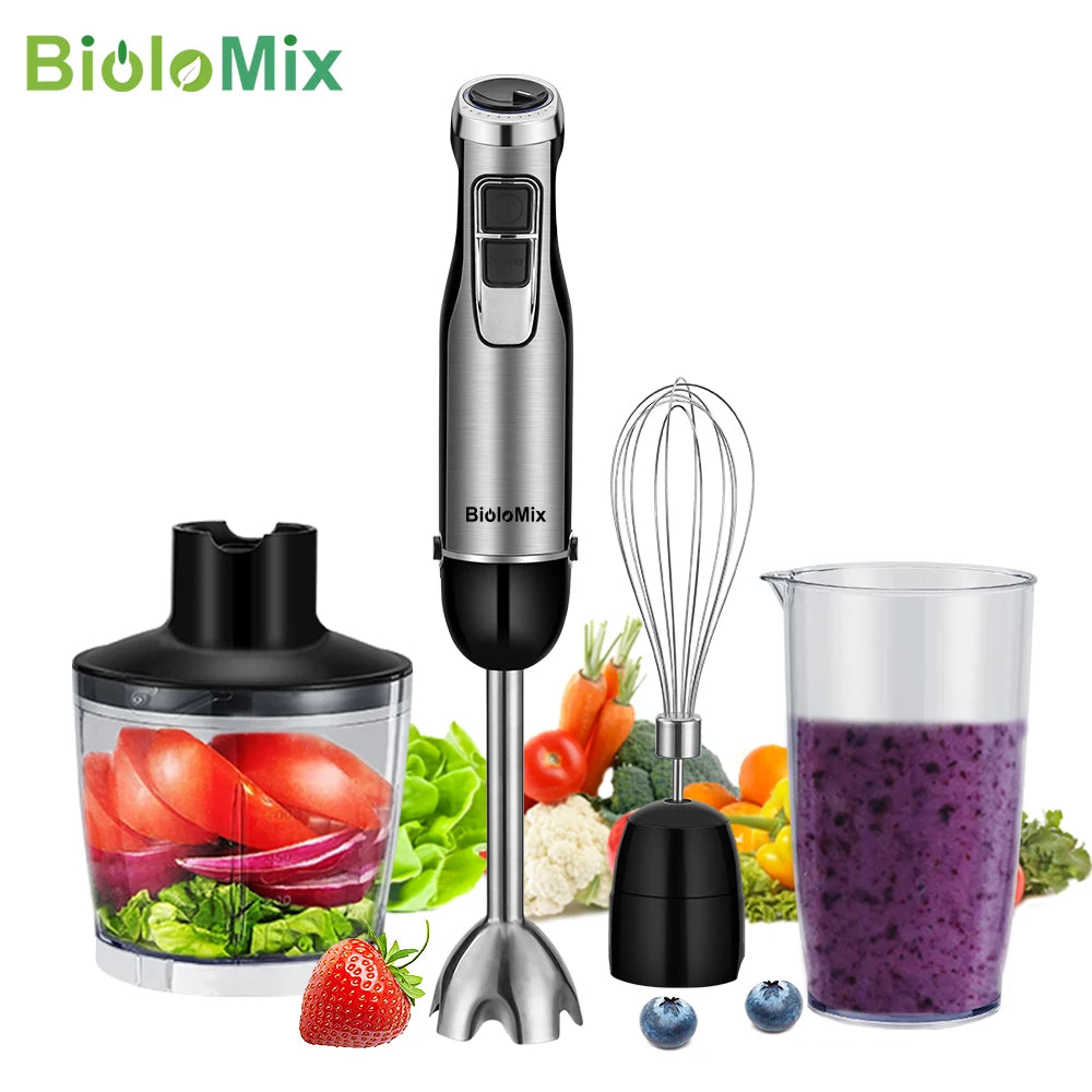 BioloMix 4 in 1 High Power 1200W Immersion Hand Stick Blender Mixer Includes Chopper and Smoothie Cup Stainless Steel Ice Blades Beauty World Shop