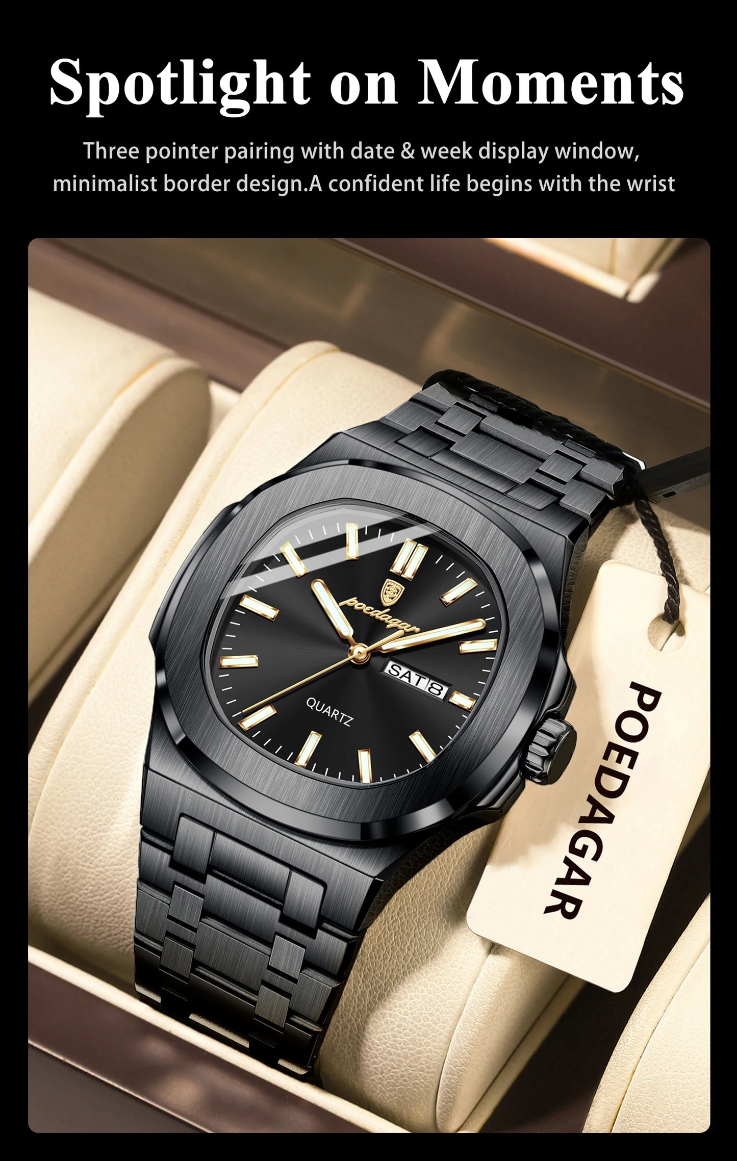 POEDAGAR Square Luxury Men's Wristwatch Luminous Waterproof Stainless Steel Male Clock Week Date Original Quartz Watches For Men Beauty World Shop