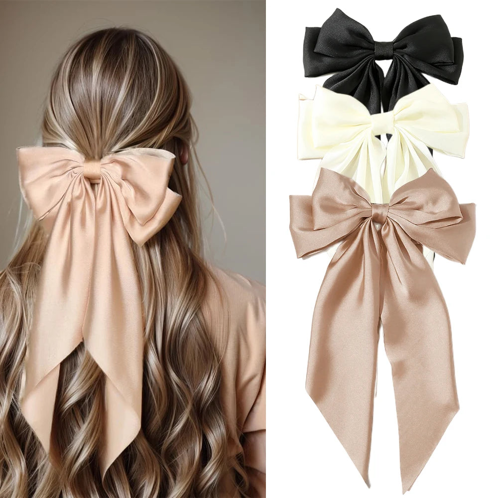 Korean Accessories Hair Clips for Women Girls Big Bowknot Solid Satin Long Ribbon Bows Spring Clamp Barette Cheveux Femme 2023 Beauty World Shop