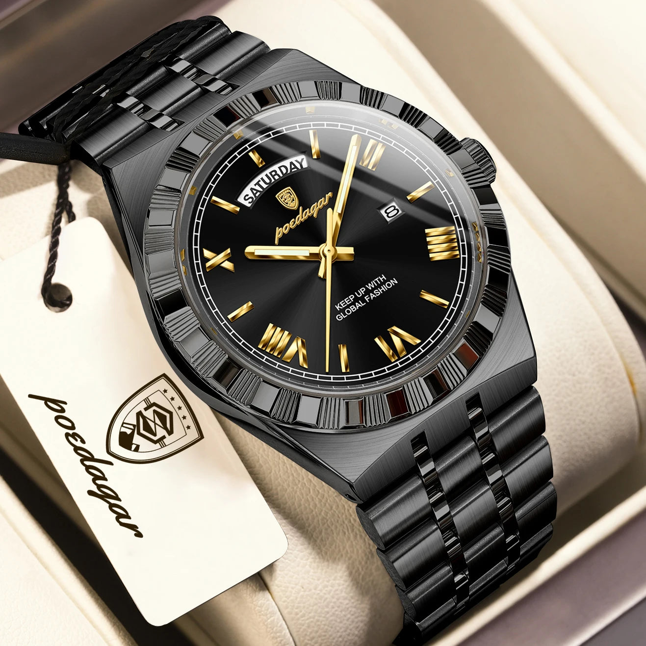 POEDAGAR Fashion Business Men's Watch Luminous Waterproof Week Date Luxury Man Wristwatch Stainless Steel Quartz Watches For Men Beauty World Shop