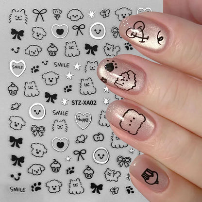 2pcs 3D Cute Silver Smile Dog Decals Y2K Cartoon Cat Footprint Nail Stickers Graffiti Star Heart Bowknot Manicure Slider Decor Beauty World Shop