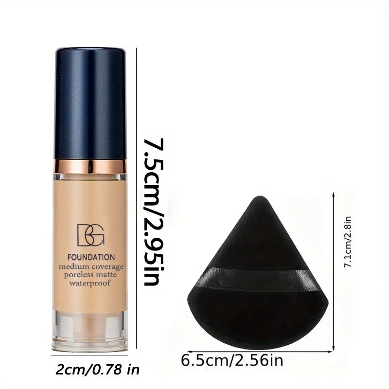 2Pcs Full Coverage Waterproof Liquid Foundation&Black Triangular Powder Puff-LongLasting Matte Finish Dark Circle&Blemish Cover Beauty World Shop