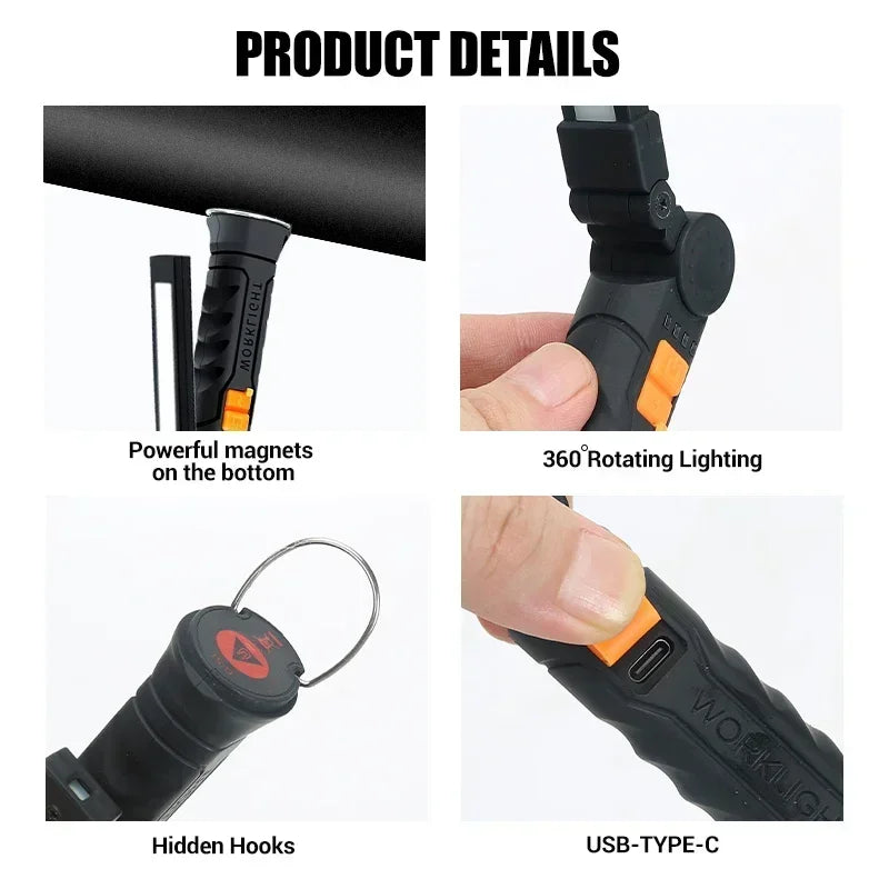 Portable COB LED Flashlight USB Rechargeable Work Light Magnetic Lanterna Hanging Lamp with Built-in Battery Camping Torch Beauty World Shop