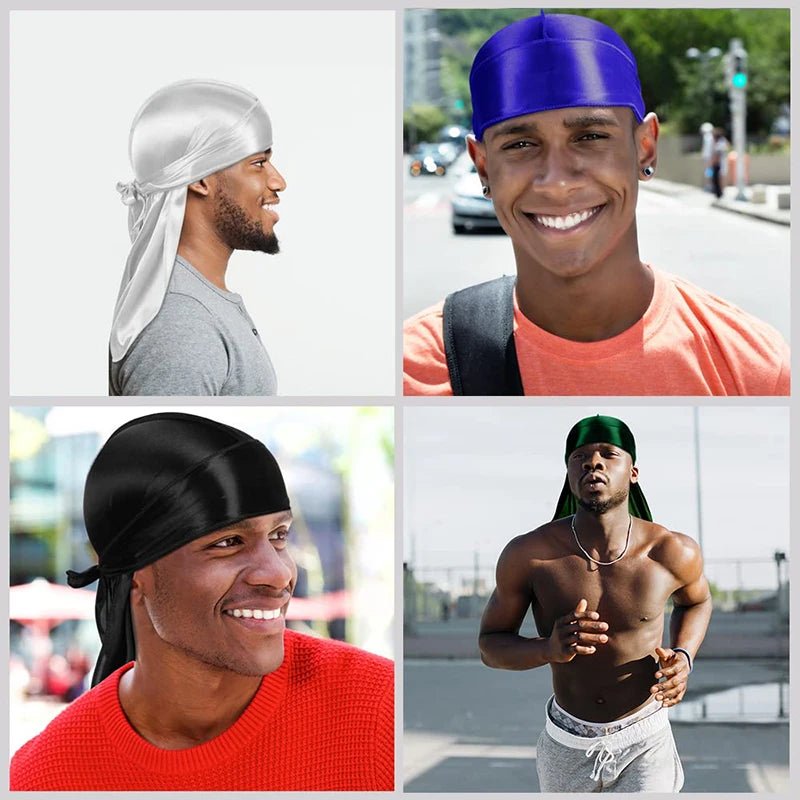 3PCS/LOT Men Silky Durag Long Tail Pirate Hat Headband Turban Dome Wave Cap Unisex Wig Cap Elastic Band Satin Bonnet Beauty World Shop