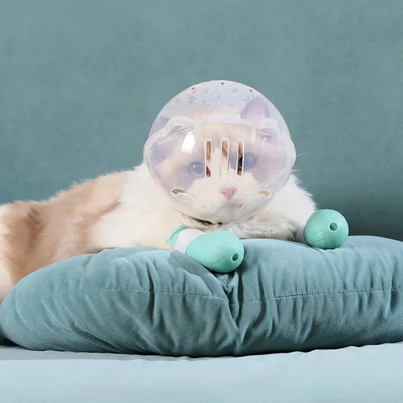 1Set Cat Muzzle Pet Grooming Cover Accessory Cat Anti Bite Anti Licking Space Hood Breathable Helmet with 4 Silicone Paw Shoes Beauty World Shop