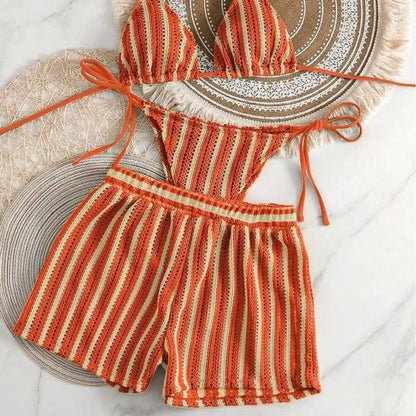2026 new style boxer shorts mesh three-piece women's swimsuit neck lace-up bikini set Beauty World Shop