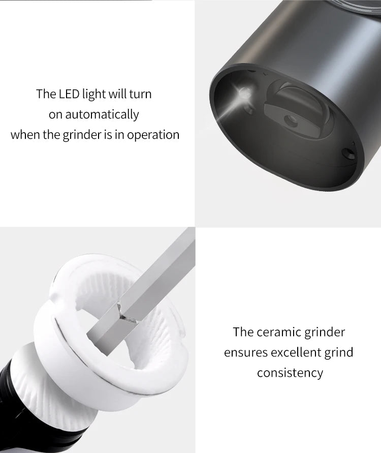 Electric Automatic Salt And Pepper Grinder Set Rechargeable With USB Gravity Spice Mill Adjustable Spices Grinder With LED Light Beauty World Shop