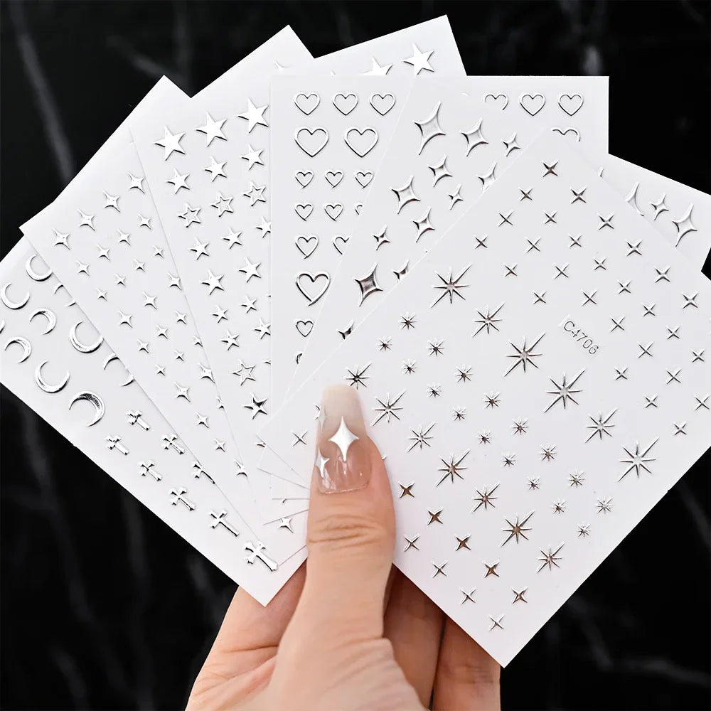 6 Sheets Metal Silver Nail Stickers Metallic 3D Star Nail Art Stickers Decals Self-Adhesive Nail Art Stickers Metal Chain Heart Beauty World Shop