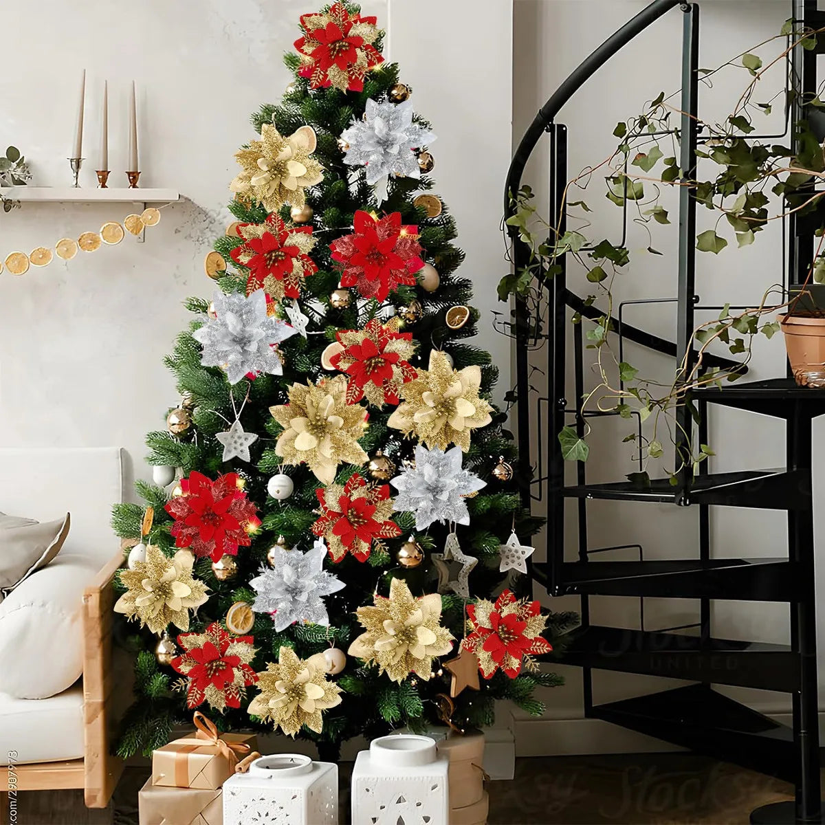 Christmas Glitter Artificial Flowers Christmas Tree Hanging Ornaments Fake Flower for Home 2025 Xmas New Year 2026 Navidad Gift Beauty World Shop