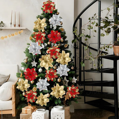 Christmas Glitter Artificial Flowers Christmas Tree Hanging Ornaments Fake Flower for Home 2025 Xmas New Year 2026 Navidad Gift Beauty World Shop