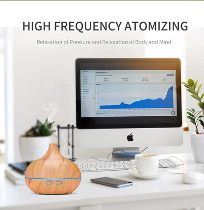 Air Humidifier Aromatherapy Essential Oil Diffuser Wood Grain 500ml Ultrasonic Remote Control 7 Color Lights For Home Bedroom ﻿ Beauty World Shop