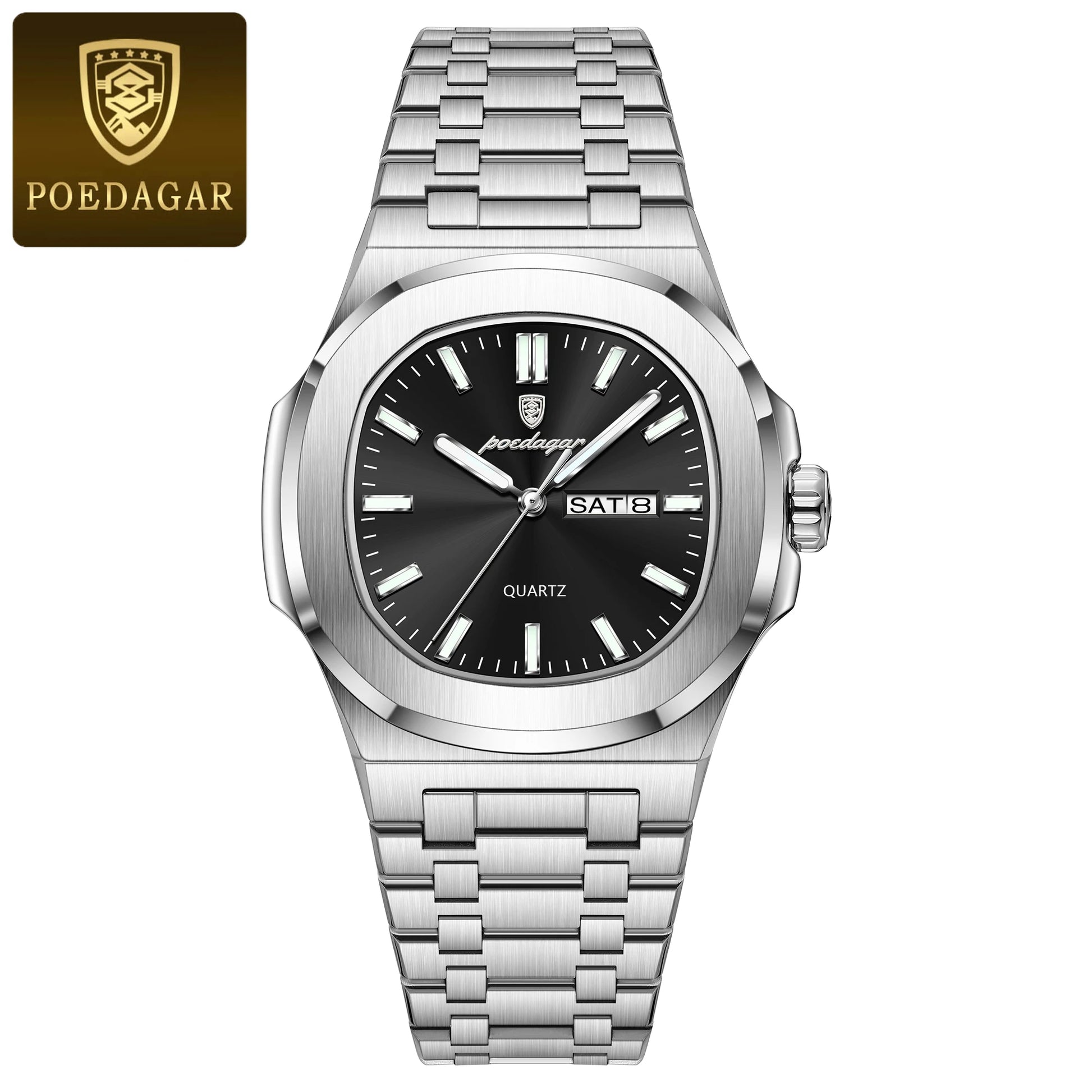 POEDAGAR Square Luxury Men's Wristwatch Luminous Waterproof Stainless Steel Male Clock Week Date Original Quartz Watches For Men Beauty World Shop