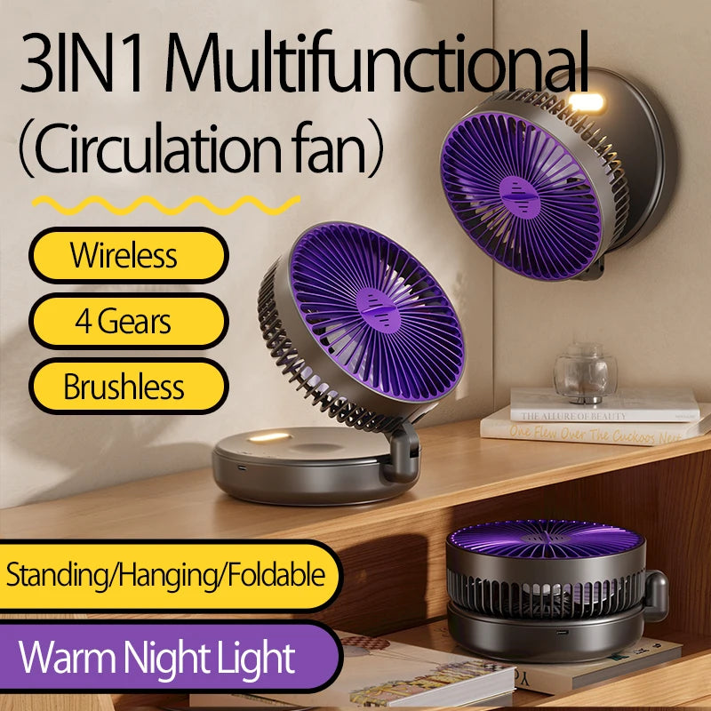 2024 New Rechargeable 3IN1 Multifunctional Portable Fan Wall Mounted Fan 90° Folding Fan 4 Gears With Warm Night Light Beauty World Shop