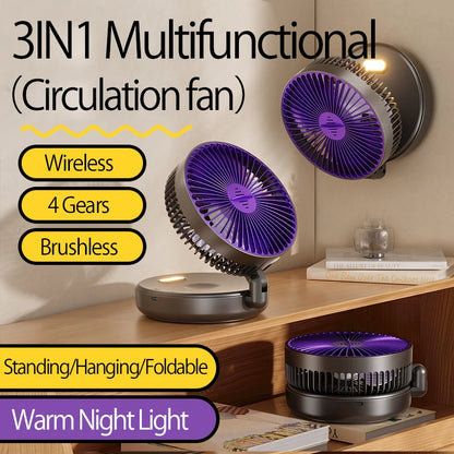 2024 New Rechargeable 3IN1 Multifunctional Portable Fan Wall Mounted Fan 90° Folding Fan 4 Gears With Warm Night Light Beauty World Shop