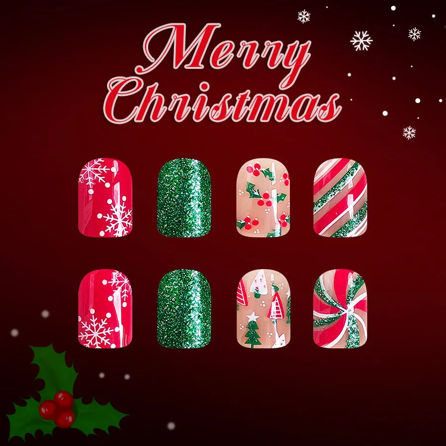 Short Square Glossy Press On Nails 24Pcs Christmas 2025 New Design Snowflake Tree Stripes Red Green Glitter Beauty World Shop