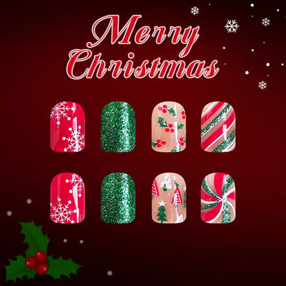 Short Square Glossy Press On Nails 24Pcs Christmas 2025 New Design Snowflake Tree Stripes Red Green Glitter Beauty World Shop