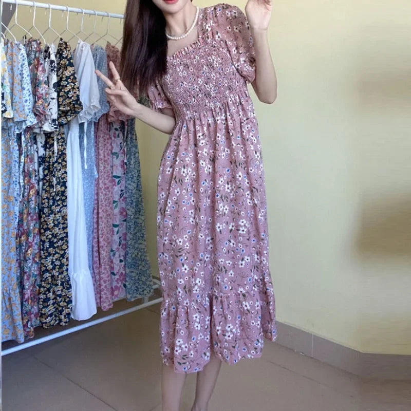 Spring Summer Elastic Waist Chiffon Dress Women Casual Dresses Fashion Female  Vestidos Short Sleeve Pleated A-line Dresses Beauty World Shop