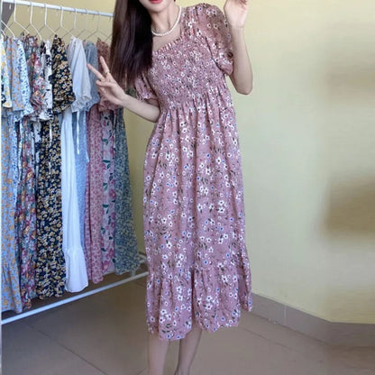 Spring Summer Elastic Waist Chiffon Dress Women Casual Dresses Fashion Female  Vestidos Short Sleeve Pleated A-line Dresses Beauty World Shop