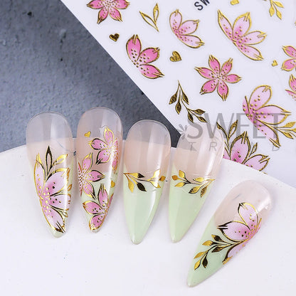 2/3pcs Golden Pink Hibiscus Flower Nail Stickers 3D Bronzing Border Petals Sakura Line Sliders Nail Decals DIY Manicure Decor Beauty World Shop