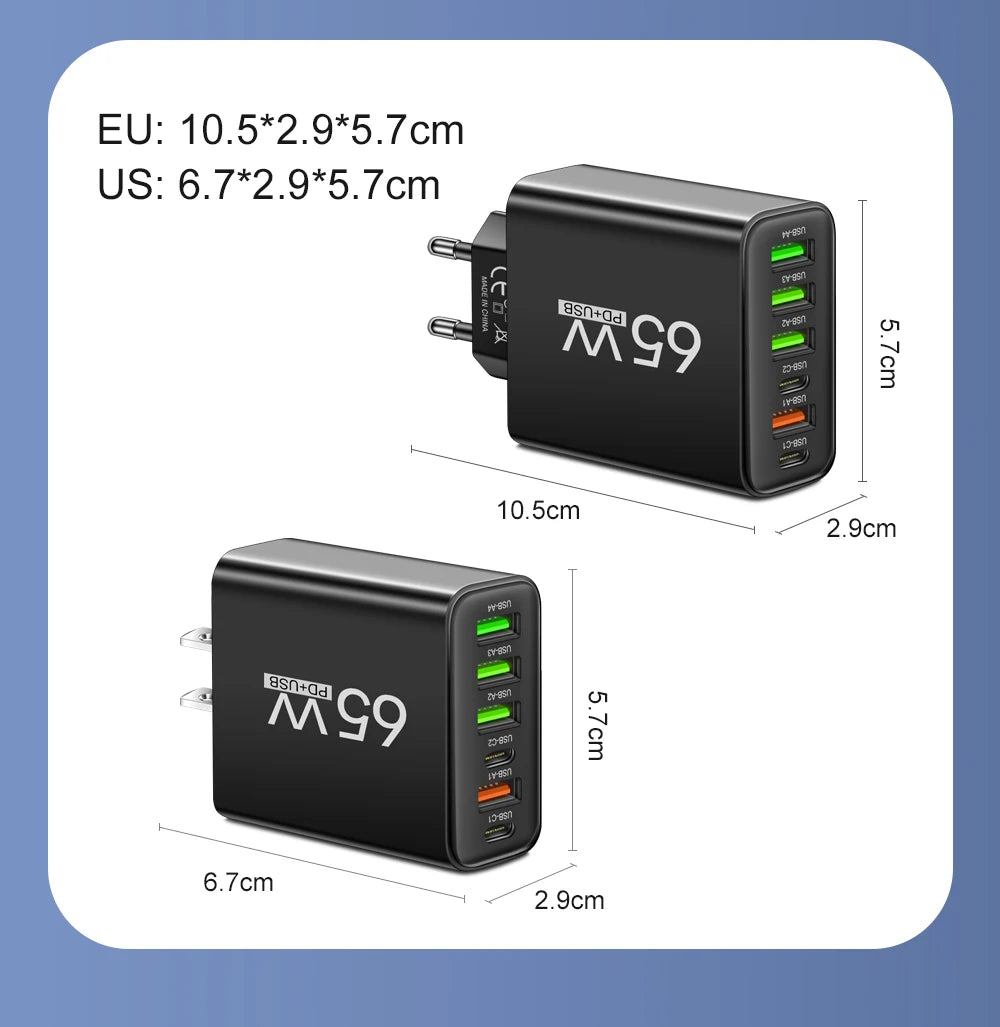 USB Charger 65W Mobile Phone Charger Fast Charging For Xiaomi Samsung Huawei P70 Travel Charger Adaptor For iPhone Quick Charger Beauty World Shop