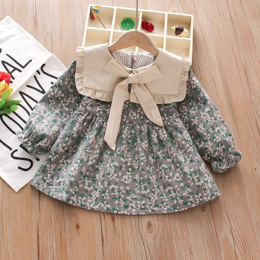 Baby Girl Clothes Spring And Autumn Long-Sleeved Bow Full Print Floral Doll Collar Children Dresses Cute Casual Baby Girl Dress THee STORE