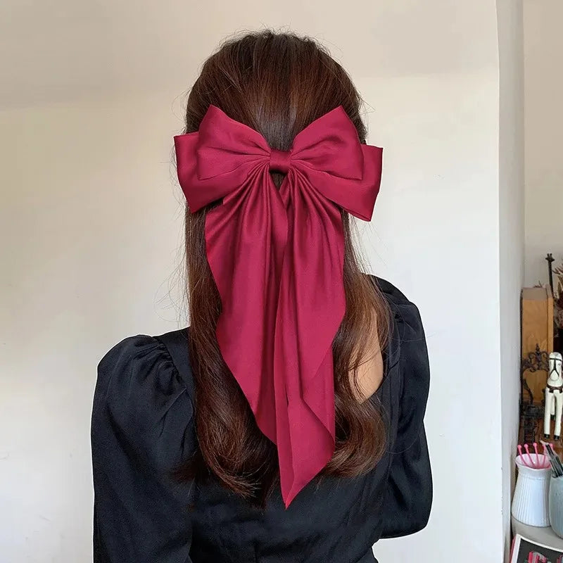 Korean Accessories Hair Clips for Women Girls Big Bowknot Solid Satin Long Ribbon Bows Spring Clamp Barette Cheveux Femme 2023 Beauty World Shop