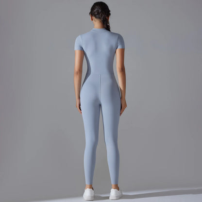 Naked zipper short sleeved yoga suit jumpsuit, quick drying breathable outdoor sports tight fitting jumpsuit, fitness suit Beauty World Shop
